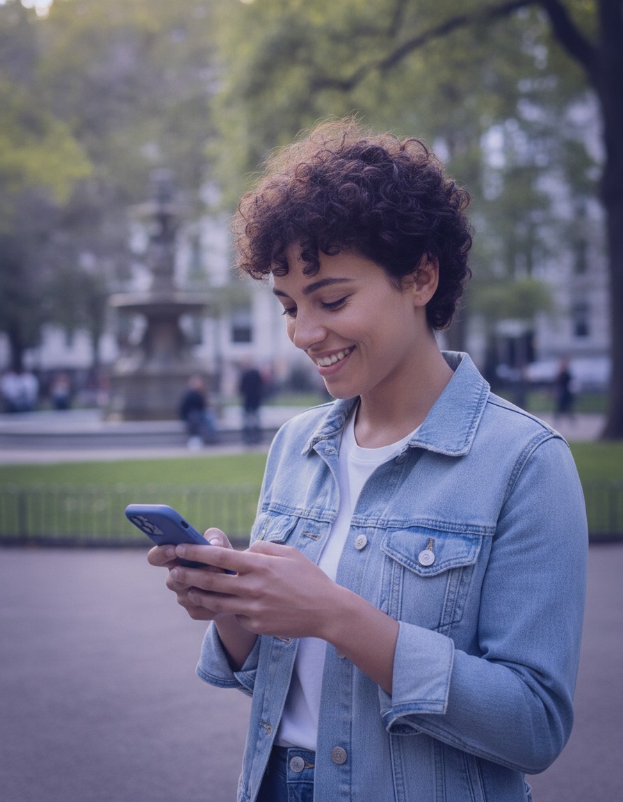 A Rendevuz member smiling at their phone after receiving a Request to Join or paid chat notification